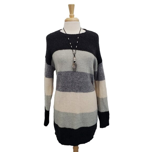 VICI Striped Longline Sweater Soft Knit Pullover Gray Black Beige Cozy Size L - Picture 1 of 16
